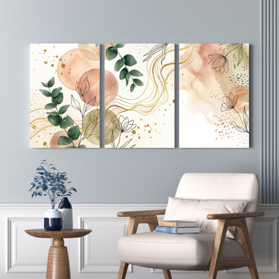 Botanique aquarelle florale et décorations dorées sur toile tendue, ensemble de 3 reproductions d'art sur toile pour salon, chambre à coucher ou décoration intérieure