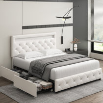 Faux Leather Platform LED Bed Frame with Storage Drawers and USB Ports  Adjustable Headboard White