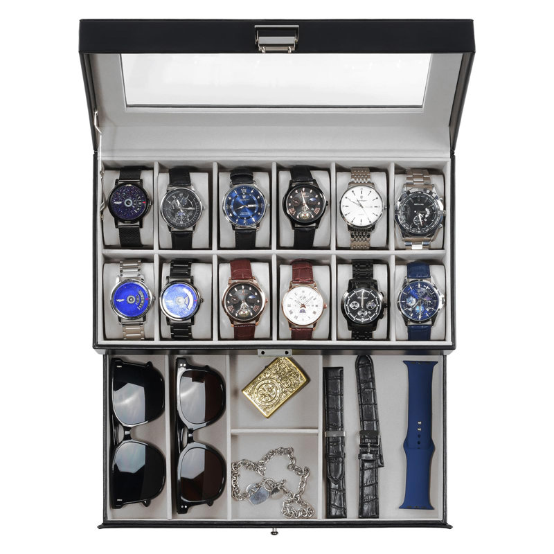 Boîte à montre, boîte à montre à 12 fentes avec tiroir, boîte à montre avec couvercle en verre, porte-montre à 2 couches