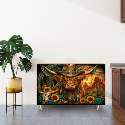 Sideboard Buffet Cabinet with Storage Western Highland Cow Turquoise Jewelry Sunflower Details Desert with 2 Doors for Living Room and Kitchen