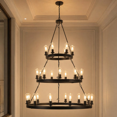 43" 3-Tier 27-Light Black Wagon Wheel Chandelier, Extra Large Farmhouse Pendant Light