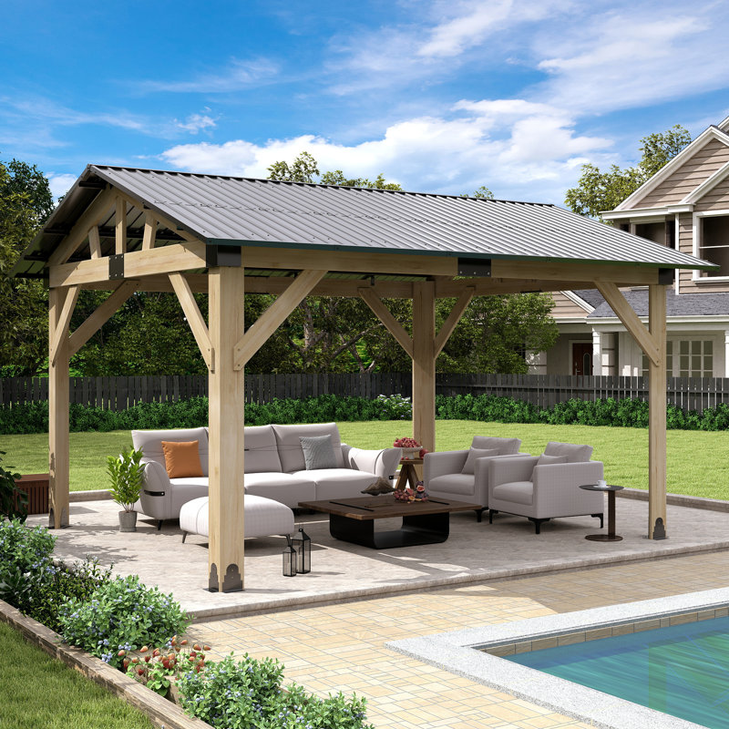 Pavillon de jardin extérieur en bois robuste avec pavillon en acier galvanisé, l 14 po x P 12 po