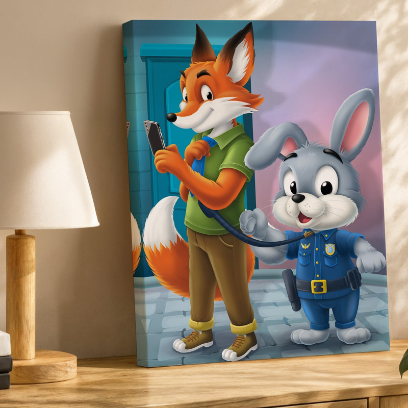 Toile, scène animée vibrante avec un renard anthropomorphique rusé avec art mural, H 20 po x l 20 po