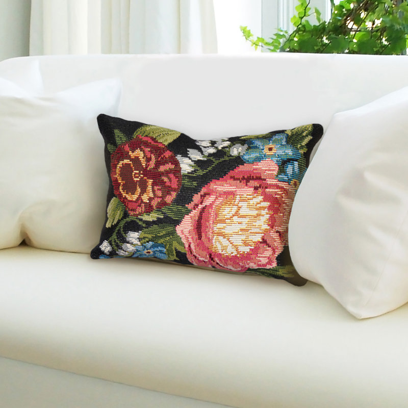 Marina Secret Garden Indoor/Outdoor Floral Pillow Cover & Insert, Black, Rectangle 12"H x 18"W