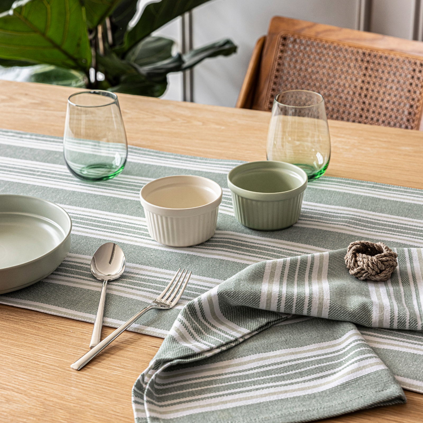 Woven Striped Striped Table Runnner, White/Green, 18" W x 108" L