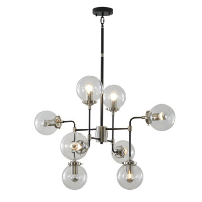 Lustre en nickel poli 8 lumières avec abat-jour en verre transparent Savoy