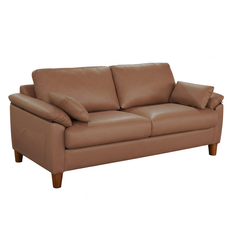 180cm Faux Leather 2-Seater Sofa With Solid Wood Frame, Spring Seat Cushion and Two Throw Pillows, Brown
