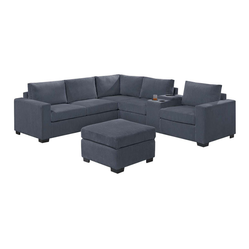 4-Piece Sectional Set W/ Ottoman, Dark Gray Fabric