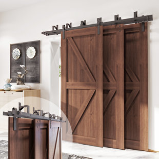 Black Rustic Triple Track Bypass Three Door Hardware Kit For Door Thickness 1 1/4in to 1 3/8in Use(Doors Not Included)