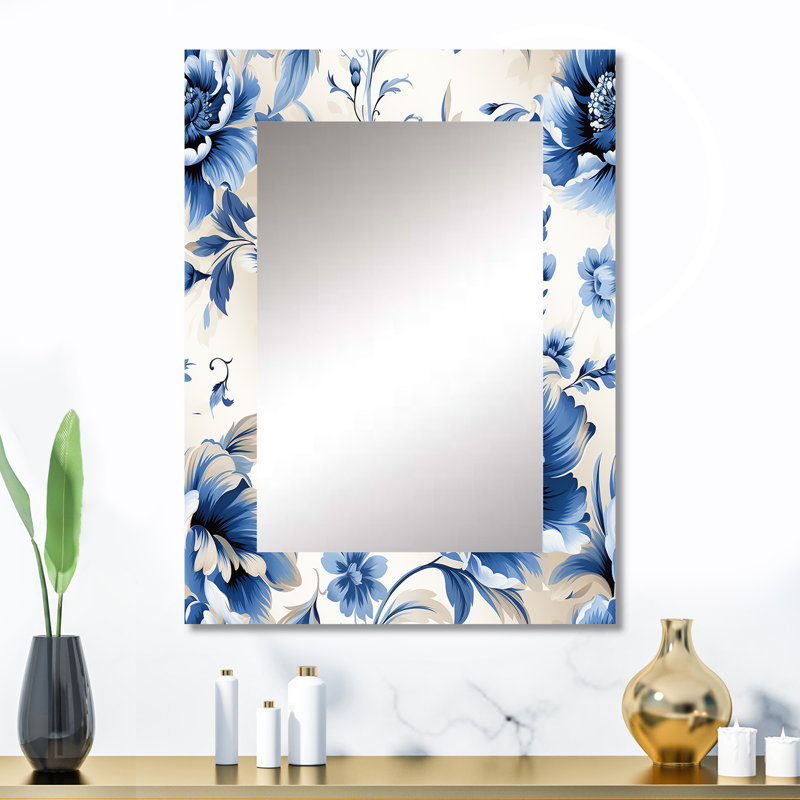 Klein cobalt bleu néo classique motif victorien - miroir mural décoratif floral, miroir floral, impression d'art en métal