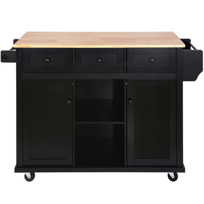 Versatile Kitchen Cart With Rubber Wood Drop-Leaf Countertop, Spacious Storage, And 5 Smooth-Rolling Wheels For Modern Kitchens