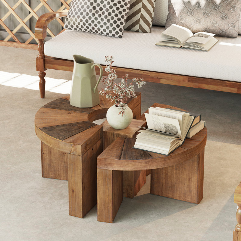 Ensemble de tables basses Farmhouse, 2 pièces de conception semi-circulaire pour le salon, couleur bois naturel