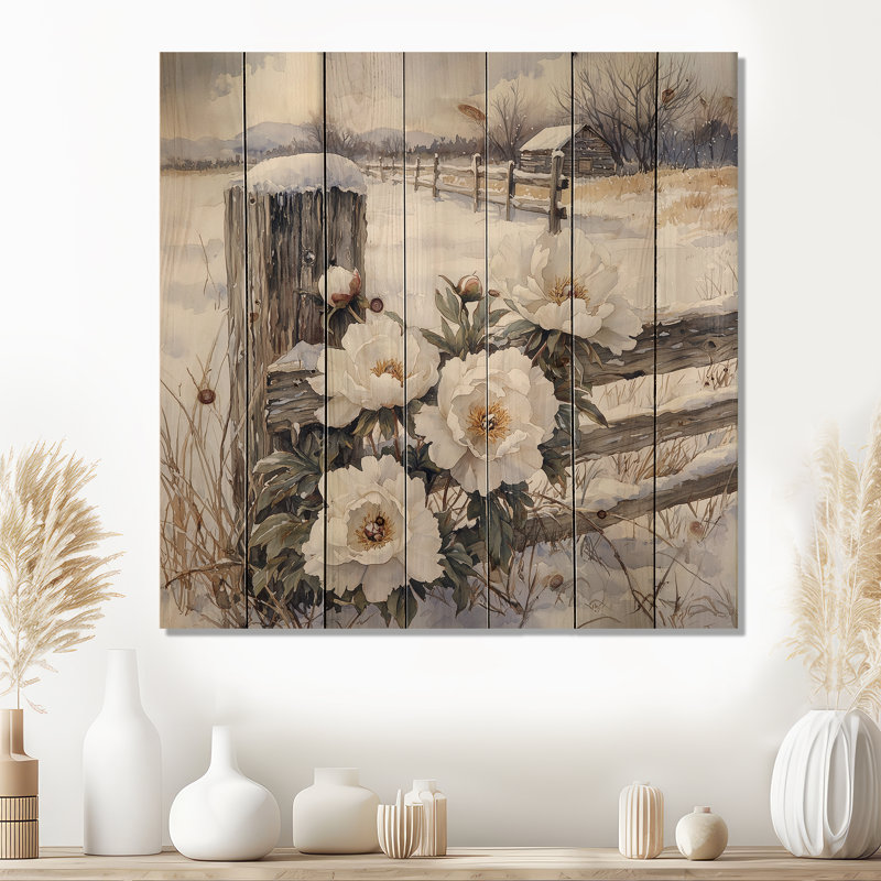 Peonies By The Snowy Farm Fence I - Peonies Wood Wall Art - On Natural Pine Wood, 30" H x 30" W x 0.78" D
