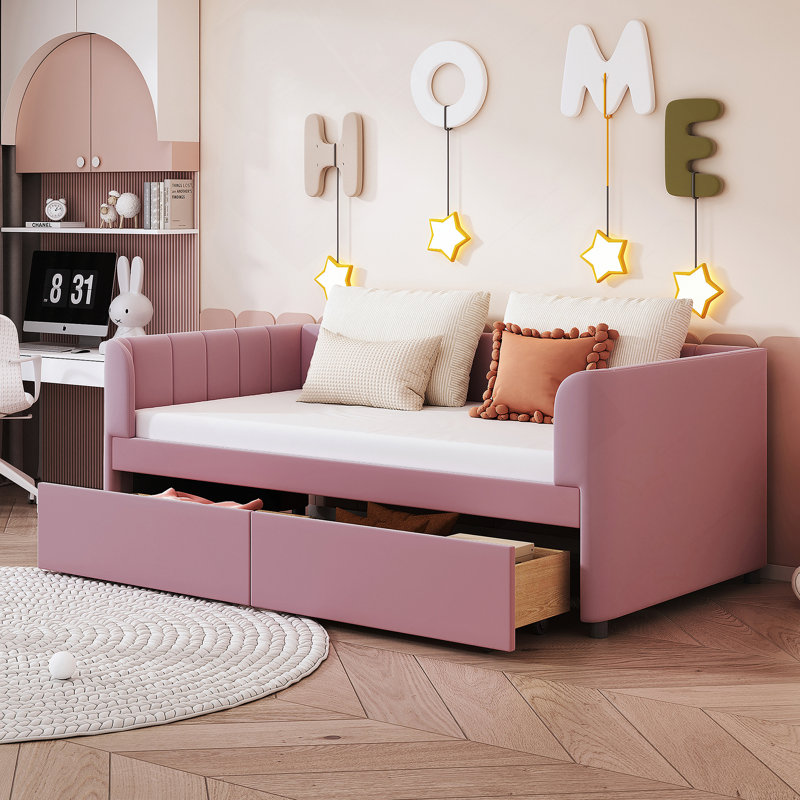 Lit de jour rembourré avec dossier ergonomique et 2 tiroirs, Rose