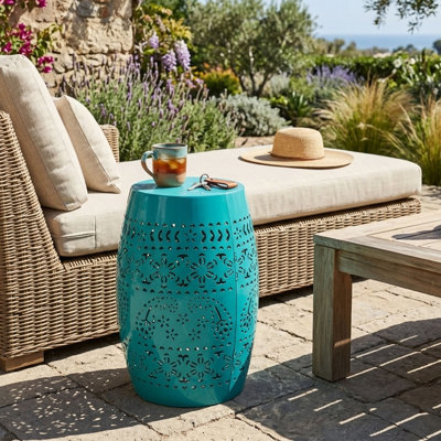 Outdoor 12" Round Iron Side Table, Metal Accent End Table with Lace-Cut Design, Patio Balcony Decor, Teal