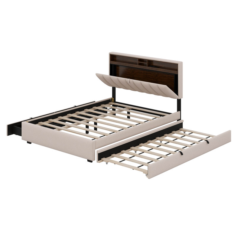 Lit plateforme tapissier en lin - tête de lit, lit gigogne, 2 tiroirs et prises USB, Beige, Lit double