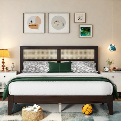 Wooden Platform Bed With Rattan Headboard by Bay Isle Home