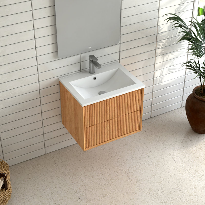 24'' Floating Bathroom Vanity Set, Wall Mounted Solid Wood Bathroom Cabinet With 2 Storage Drawers