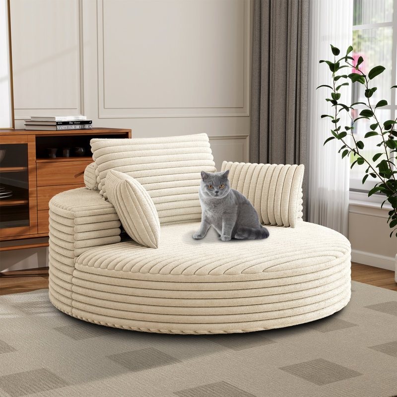 Wide Corduroy Swivel Chair And Fluffy Sleeper Sofa With 360° Rotation For Living Room And Lounge, Beige