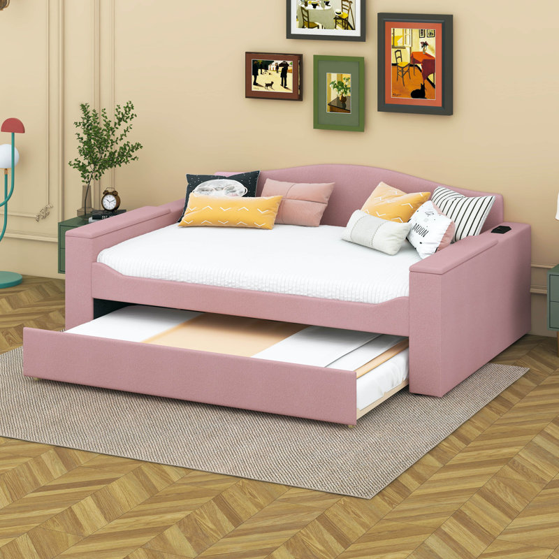Full / Double Upholstered Daybed with Storage Armrests, Trundle and Latest Integrated Bluetooth Audio System, Pink