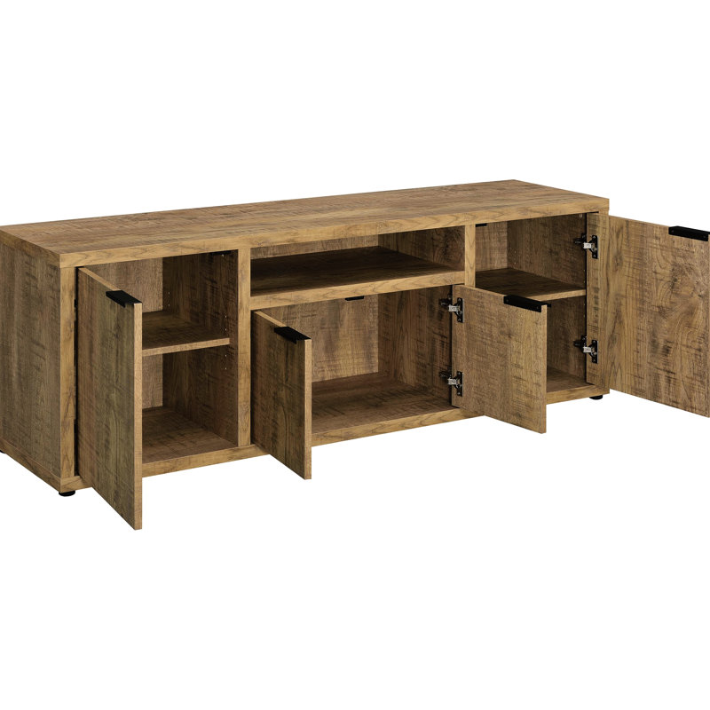Ensemble de meuble télé et de tour média Mango 3: rangement organisé avec six compartiments, deux tablettes réglables, quatre portes dissimulées, collection Warm Sheen: unités centrales, teinte de finition