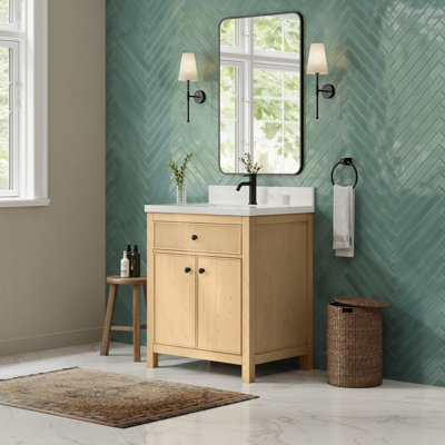 Meuble-lavabo simple Rian de 76 cm (30 po) en chêne scandinave, comptoir en quartz Giotto, lavabo carré encastré (1 trou), garniture noire mate