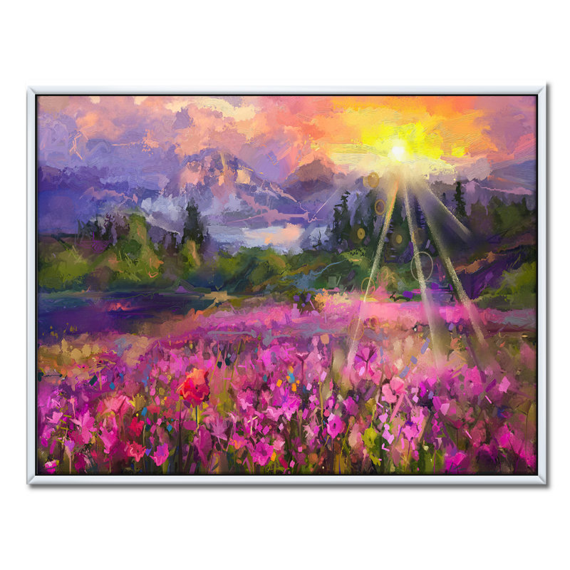 Fleurs de cosmos mauves avec soleil éclatant - reproduction d'art sur toile, H 36 po x l 46 po x P 1,5 po