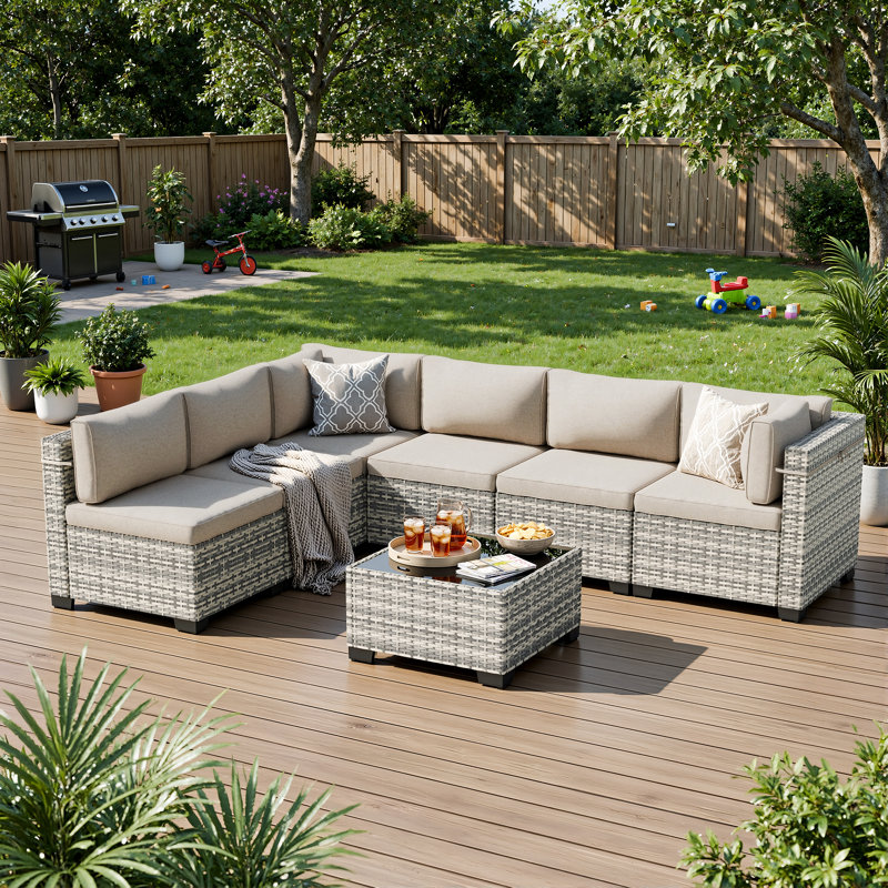 7-Piece Outdoor Sectional Sofa Set With HDPE Wicker, Cushions & Coffee Table, Modular Patio Conversation Set, Taupe
