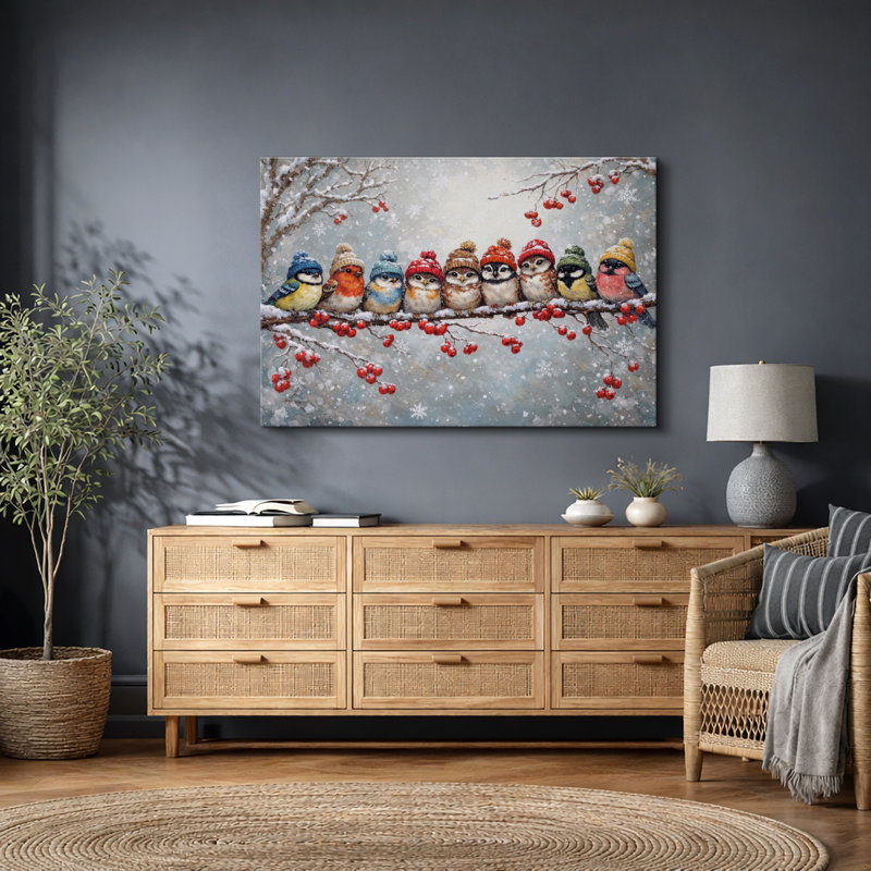 «Winter Birds», œuvre d'art, branche enneigée, impression sur toile, H 12 po x l 18 po x P 1,5 po, Toile tendue