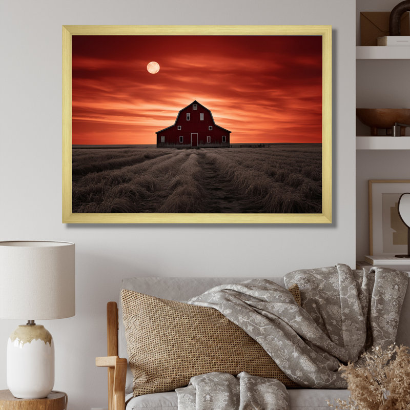 Paysage de grange au crépuscule III - reproduction, H 24 po x l 32 po x P 1 po, Encadrement doré