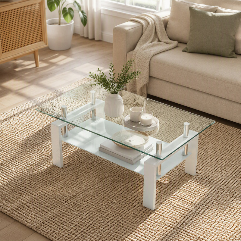 Table basse de salon en verre trempé, 2 couches