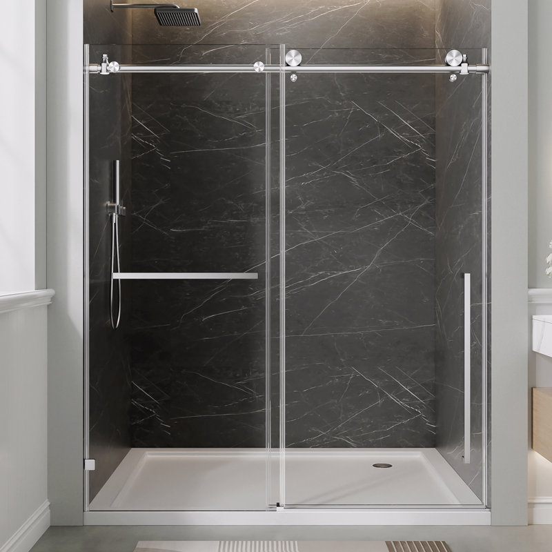 56"-60" W X 78" H Frameless Single Sliding Shower Door, Brushed Nickel Bathtub Door, 3/8" (10Mm) Clear Tempered Glass With Explosion-Proof Film, Stainless Steel Handle