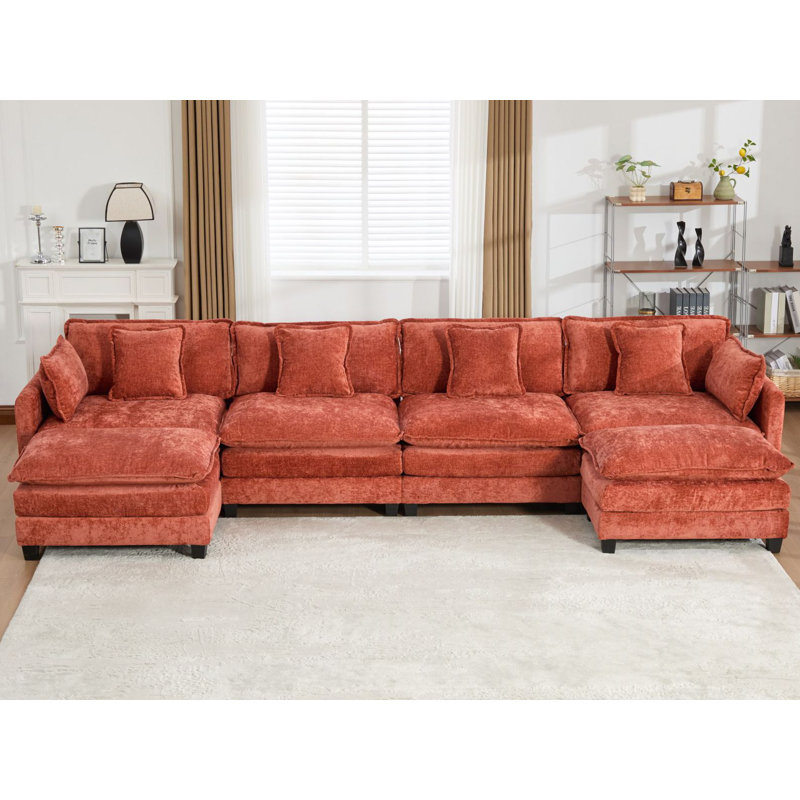 Canapé modulaire en U avec canapé-lit surdimensionné Schmucker, Chenille orange, H 33 po x l 149,6 po x P 35 po