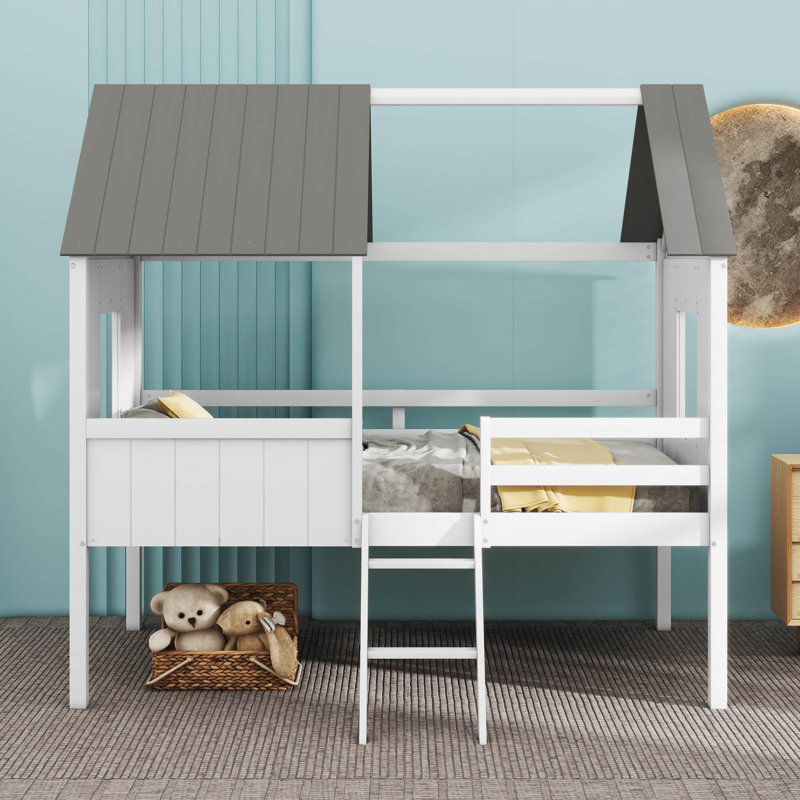 Emera Low Loft House Bed With Guardrails, White/Gray