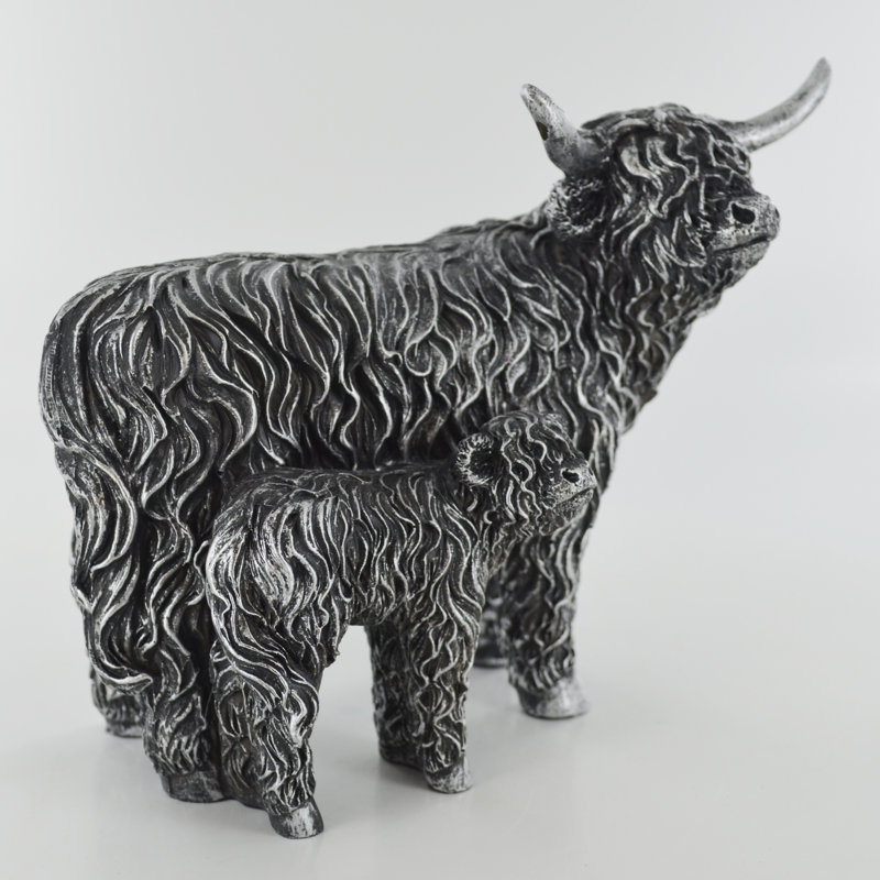 Blyth Highland Cow & Calf Silver Sculpture Figurine, Silver