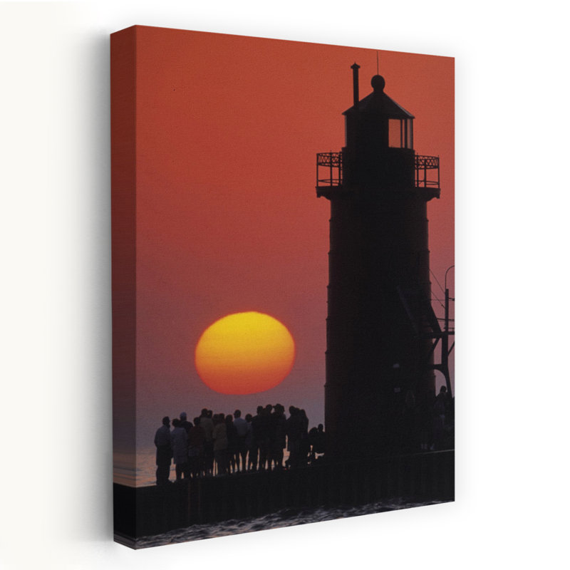 Tourists At South Haven Lighthouse During Sunset South Haven Michigan USA by Vito Palmisano - Wrapped Canvas Print