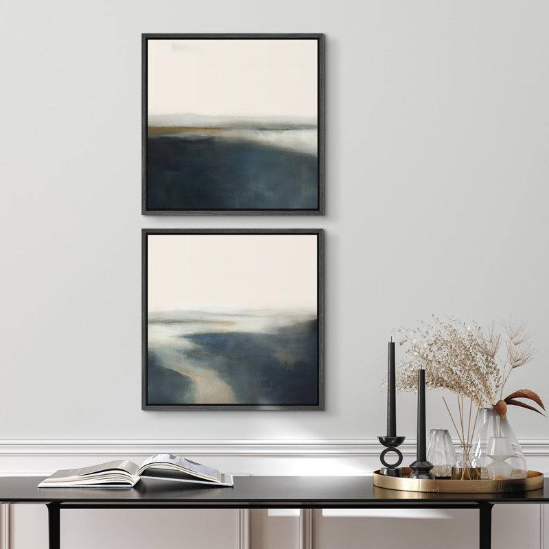 Ensemble de 2 paysages encadrés sur toile marine et gris marine, H 16 po x l 16 po, Black Floater Framed