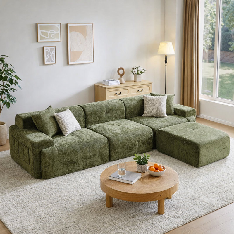 Canapé modulaire surdimensionné en forme de L de 118 po pour salon modulaire en L 118 po, Mélange de polyester vert olive
