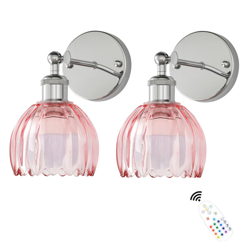 Silver & Pink Tulip Glass Wall Lamps, Rechargeable With Remote, Rgb Dimmable & Timing Function (2-Pack), Chrome, Pink