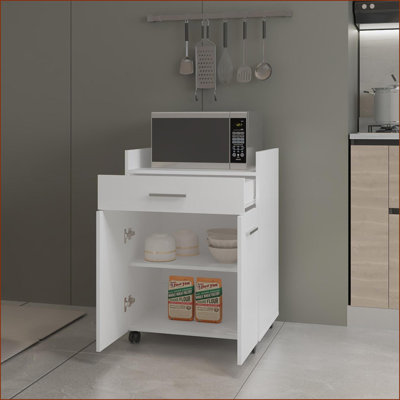 Chariot à café, bois manufacturé blanc neige moderne avec rangement Roulettes | Blanc | Bois manufacturé