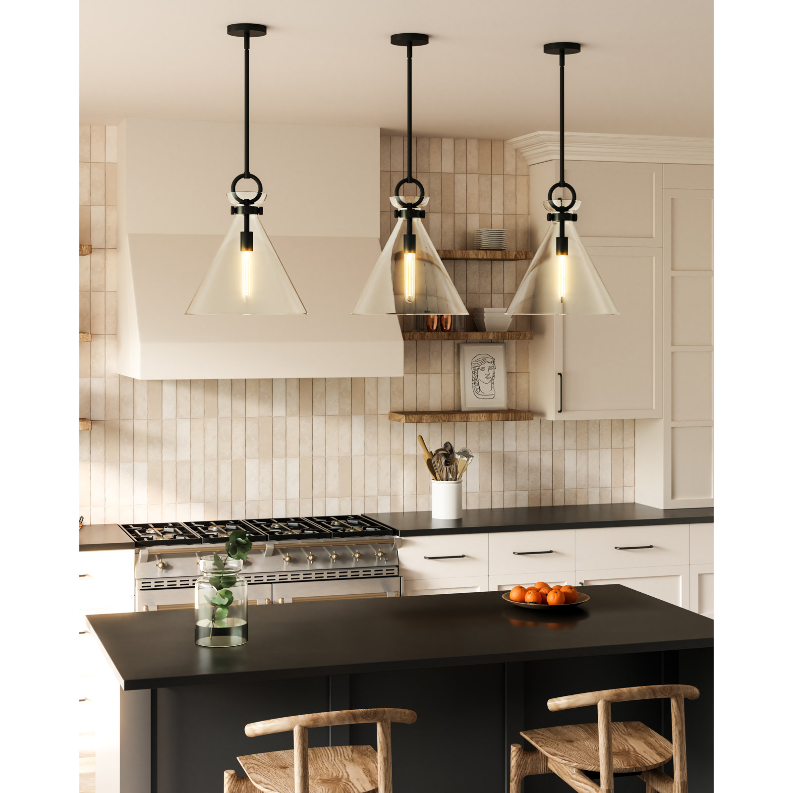 Tiney Single Light Glass Steel Pendant, Matte Black/Clear, 17" H x 14" W x 14" D