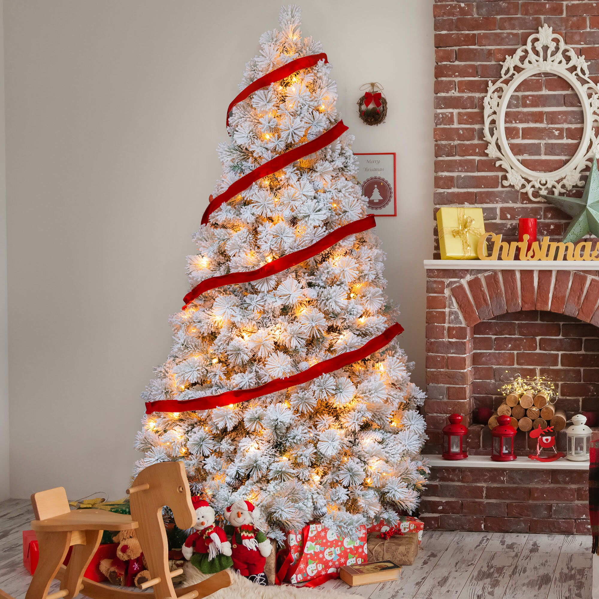 Traditional Red and White Flocked Christmas Tree - Chandeliers and