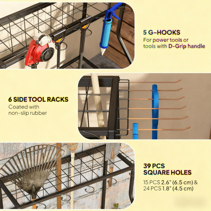 Organisateur de jardin multi-usages, support à outils de jardin à 3 niveaux, avec crochets pour manche long, balai, pelle