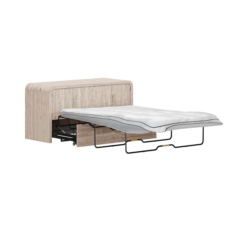 Console Juna Wood Queen à quatre portes avec matelas et coins arrondis, moisson gris bouleau