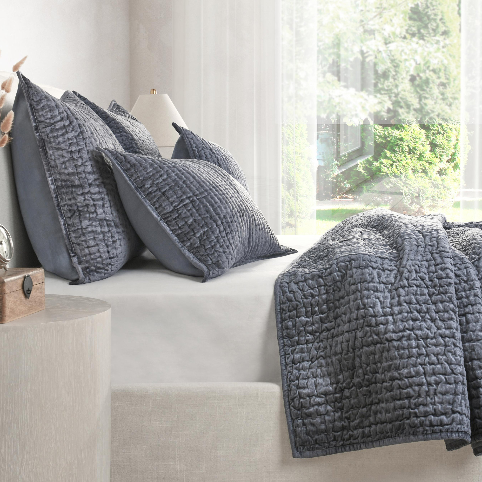 Tasmin Velvet Quilt, Sea Fog Blue, Queen Quilt