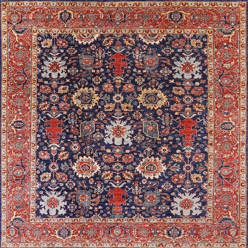 Tapis oriental rouge et bleu, Carré 4 pi