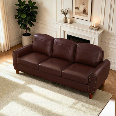 Classic Faux Leather Living Room Sofa with Rolled Arms, Solid Wood Legs, and Breathable PU Leather in Burgundy