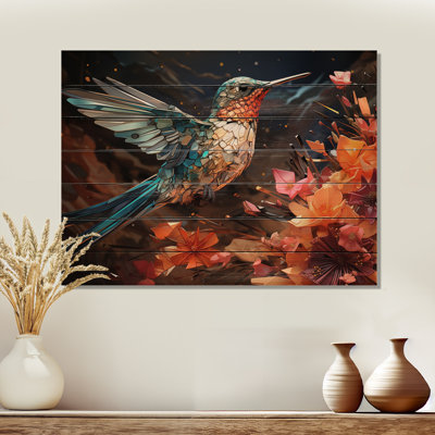 Colibri bleu sarcelle «Enchanting Hum» géométrique II sur bois