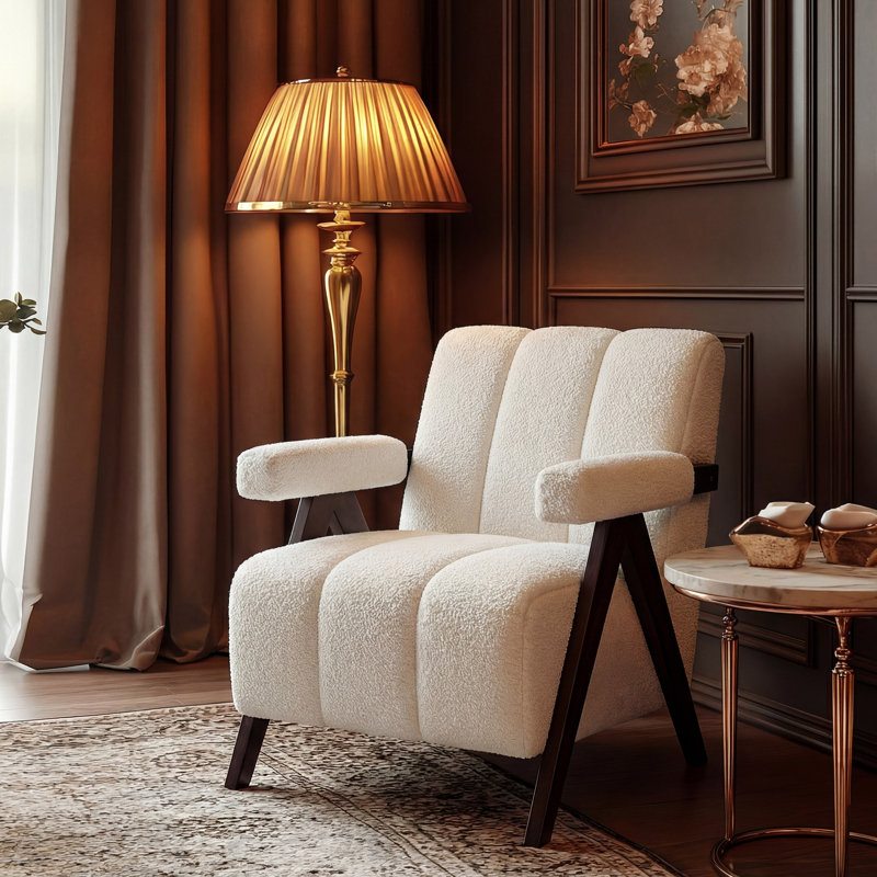 Fauteuil de style Mid-Century rembourré de 27,6 po de large avec pieds en bois massif, Bouclé blanc crème
