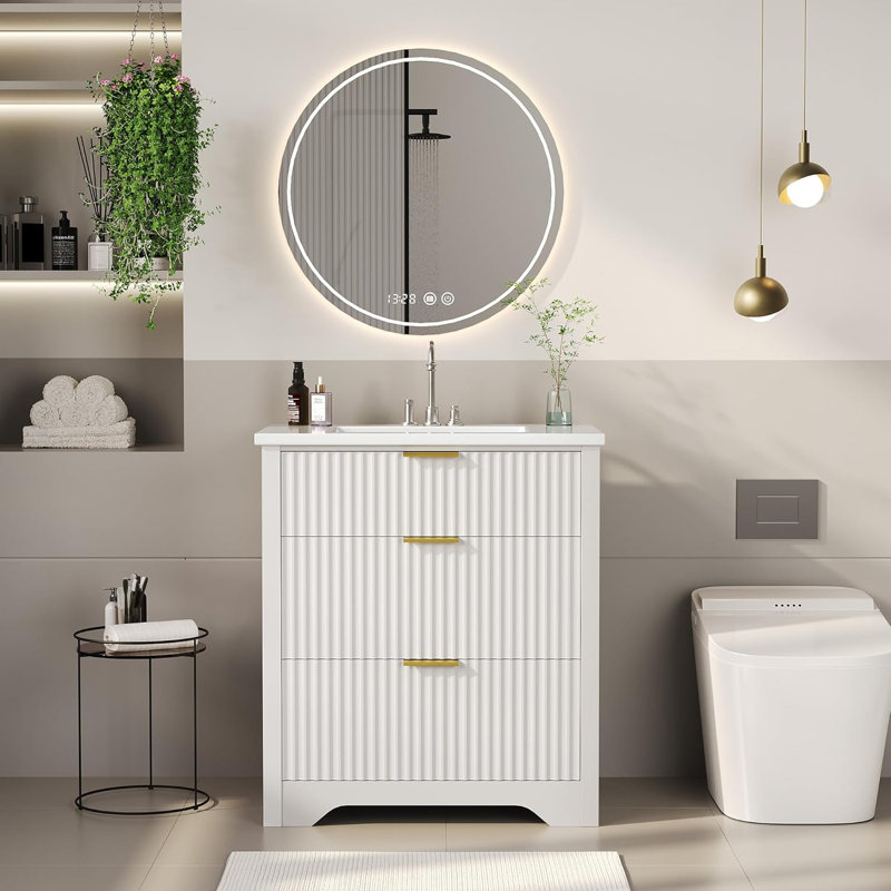 30" Fluted Bathroom Vanity with Sink, Farmhouse Freestanding Vanity Cabinet with 2 Drawers & Flip Drawer, Easy Clean, White